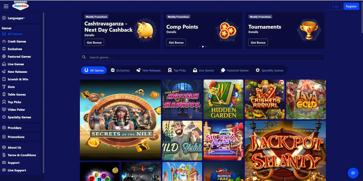 Herní lobby Vegas Days Casino se sloty a probíhajícími akcemi