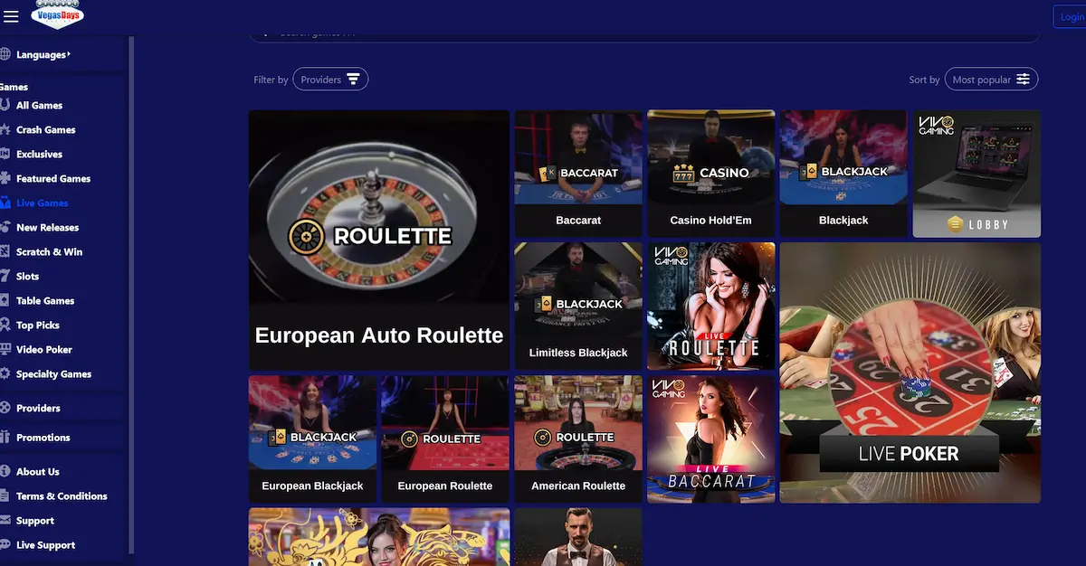 Live casino Vegas Days s živými krupiéry od Vivo Gaming