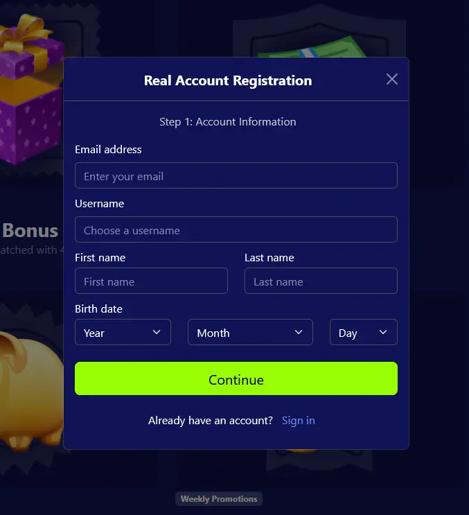 Registrace ve Vegas Days Casino Registrační formulář Vegas Days Casino pro nové hráče